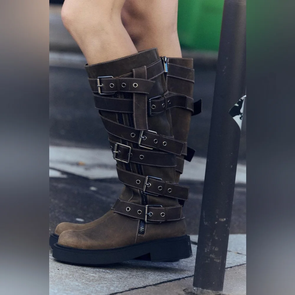 RARE ZARA BUCKLED LEATHER KNEE HIGH BOOTS NWT